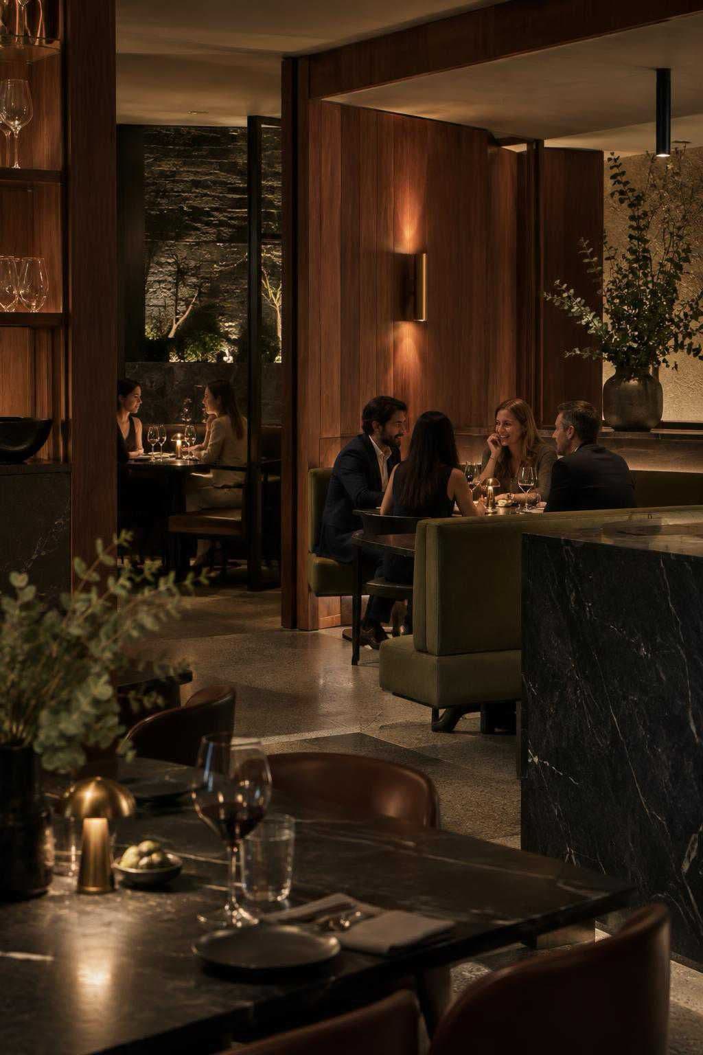 Guests at dinner in Red Gum's dining room, talking over wine in a banquette beneath warm timber panelling and a brass wall light.